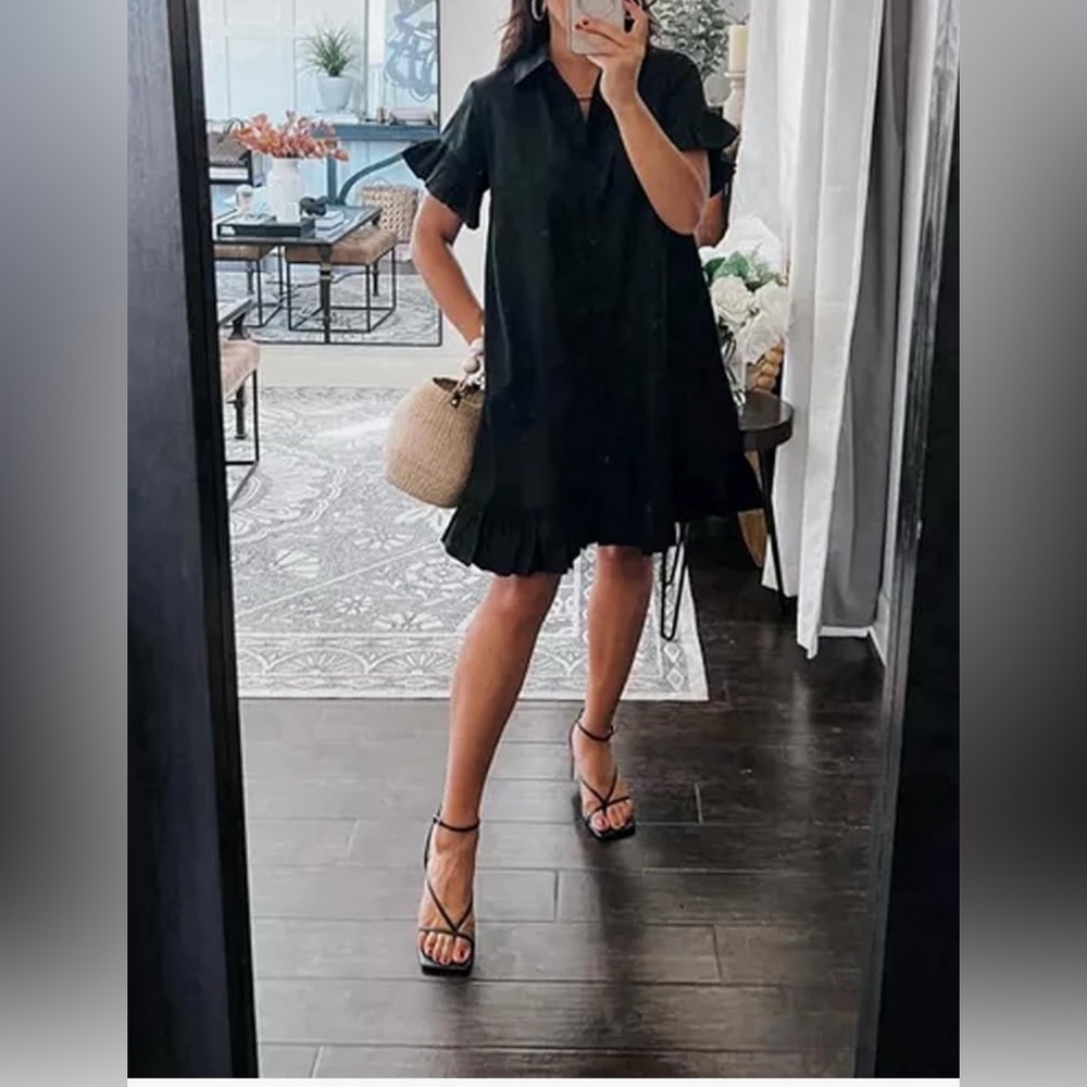 Classic Black Mini Shirt Dress - Women's Short Sleeve